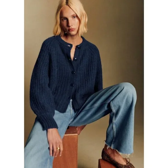 NWT Sezane Emile in Navy Blue Alpaca Wool Blend Cardigan Sweater S - Picture 2 of 7